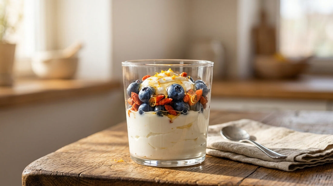 A Gentle Morning Start: Goji-Blueberry Sunrise Yogurt Glass