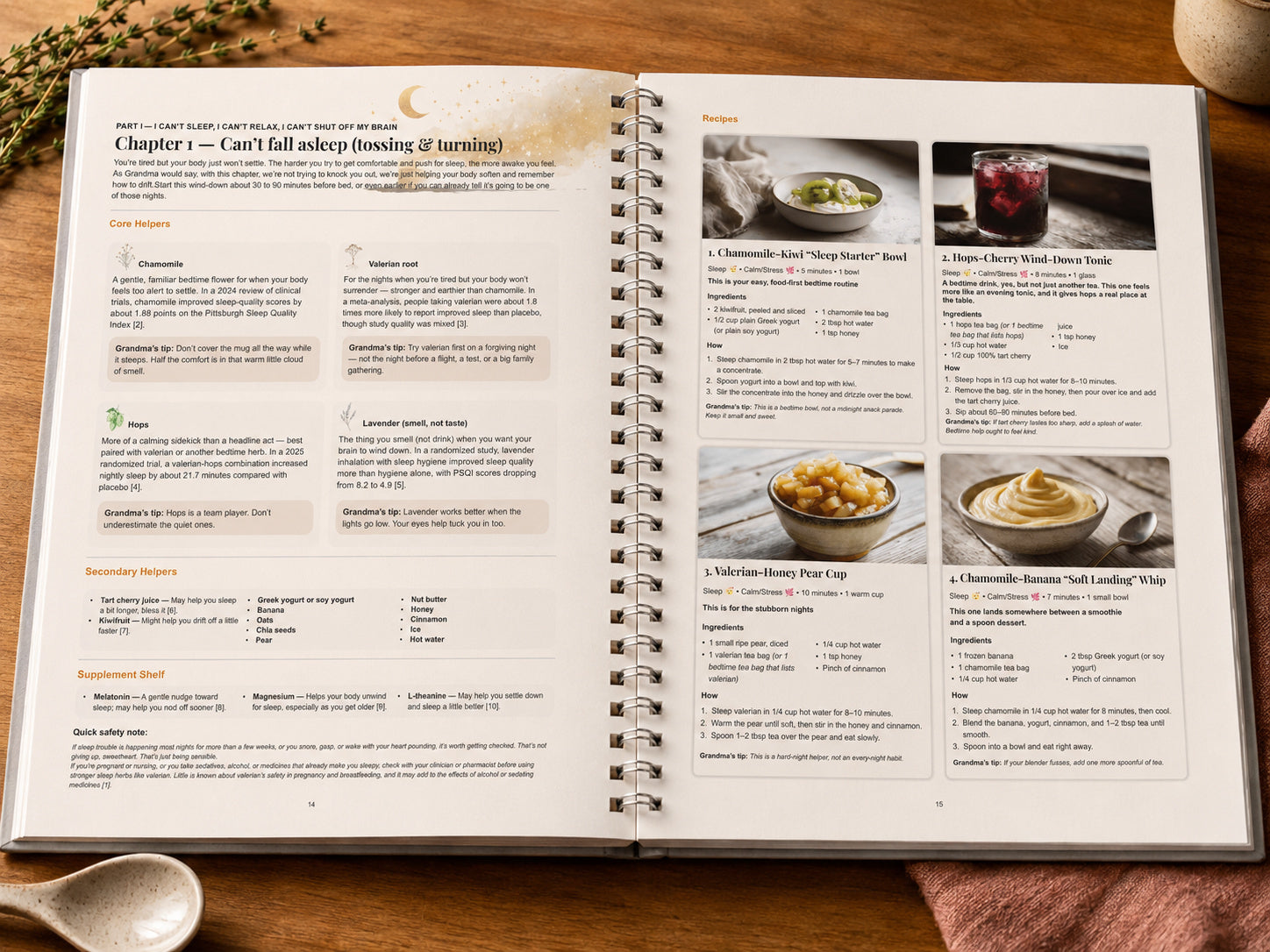 Open cookbook on a wooden surface with text and images of food for sleep.