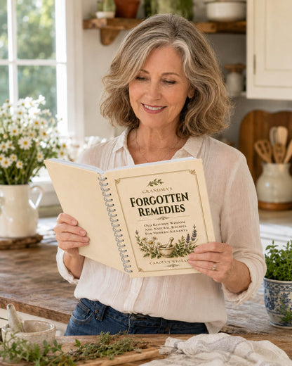 Woman holding a book titled 'Grandma's Forgotten Remedies' in a kitchen setting.