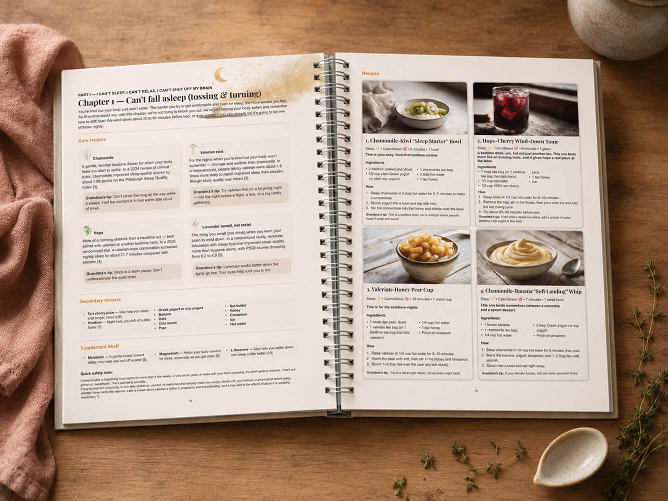 Open cookbook on a wooden surface with text and images of food.