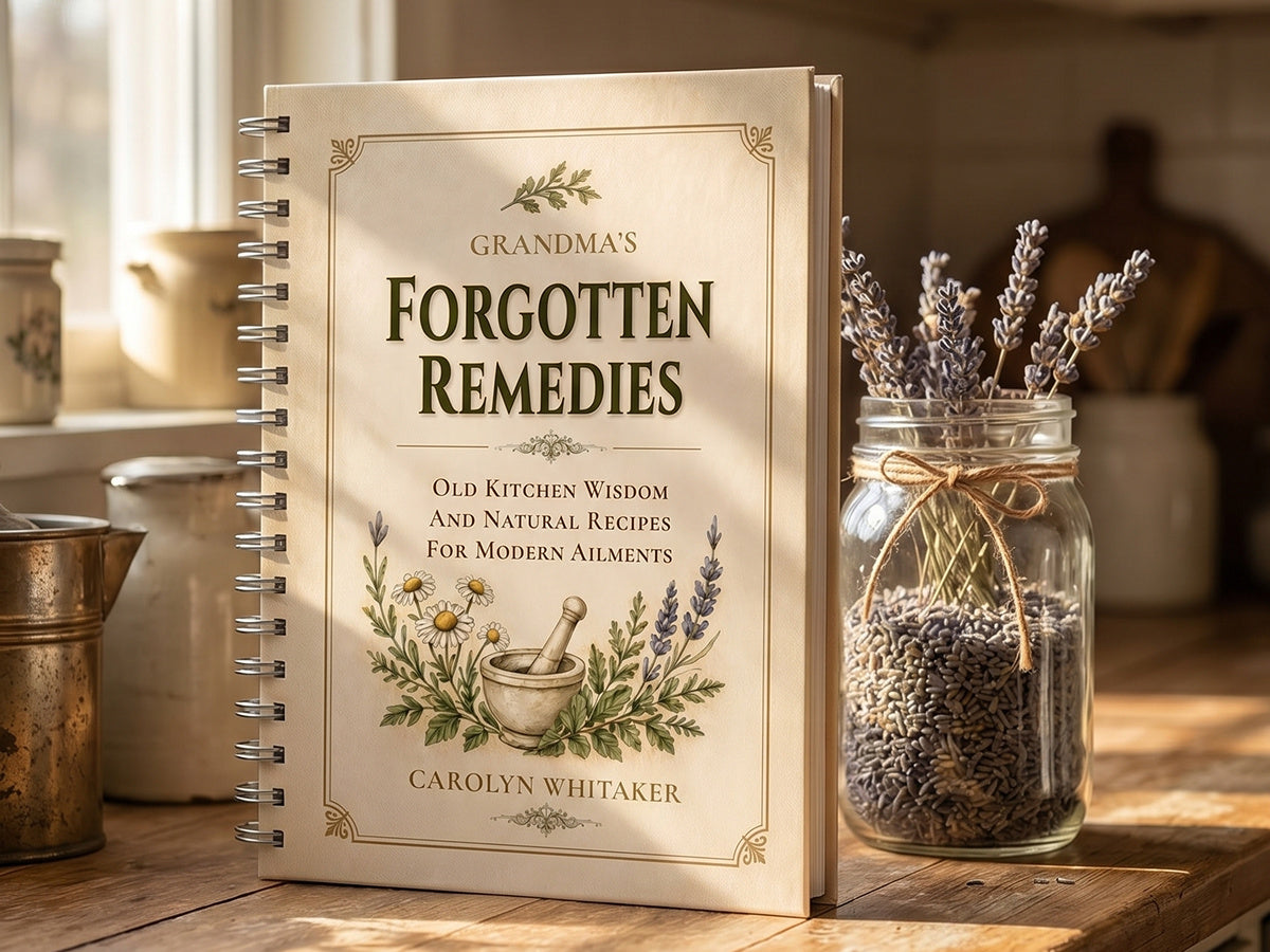 Book titled 'Grandma's Forgotten Remedies' on a wooden surface with a jar of lavender.