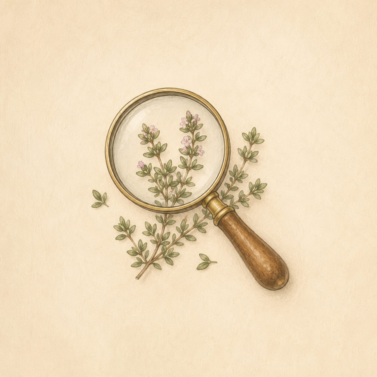 Vintage-style illustration of a magnifying glass with herbs on a beige background