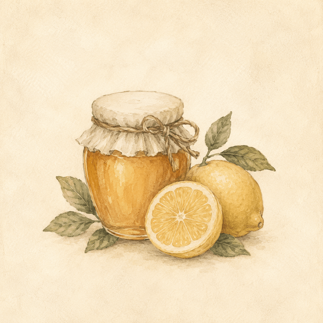 Illustration of a jar of jam with lemons on a beige background