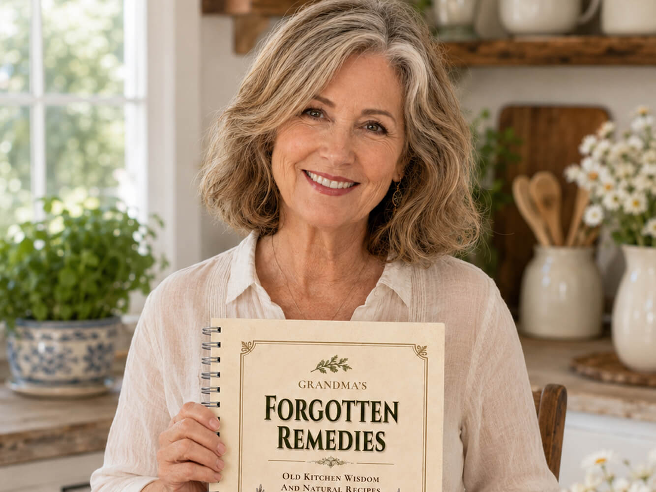 Woman holding a book titled 'Grandma's Forgotten Remedies' in a kitchen setting.